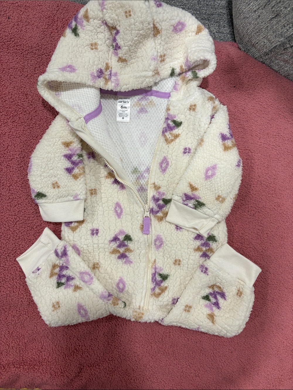Carter's Cream Floral Sherpa Hooded Baby Jumpsuit - 6M